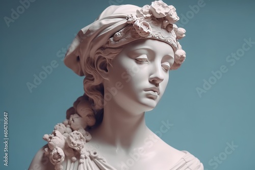 Ancient Greek antique sculpture of a woman, goddess, made in pastel colors of the background. Generative AI.