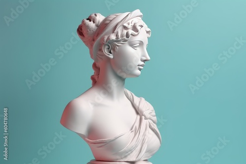 Ancient Greek antique sculpture of a woman, goddess, made in pastel colors of the background. Generative AI. photo