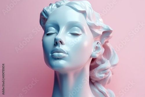 Canvas Print Ancient Greek antique sculpture of a woman, goddess, made in pastel colors of the background