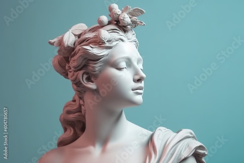 Fotografia Ancient Greek antique sculpture of a woman, goddess, made in pastel colors of the background