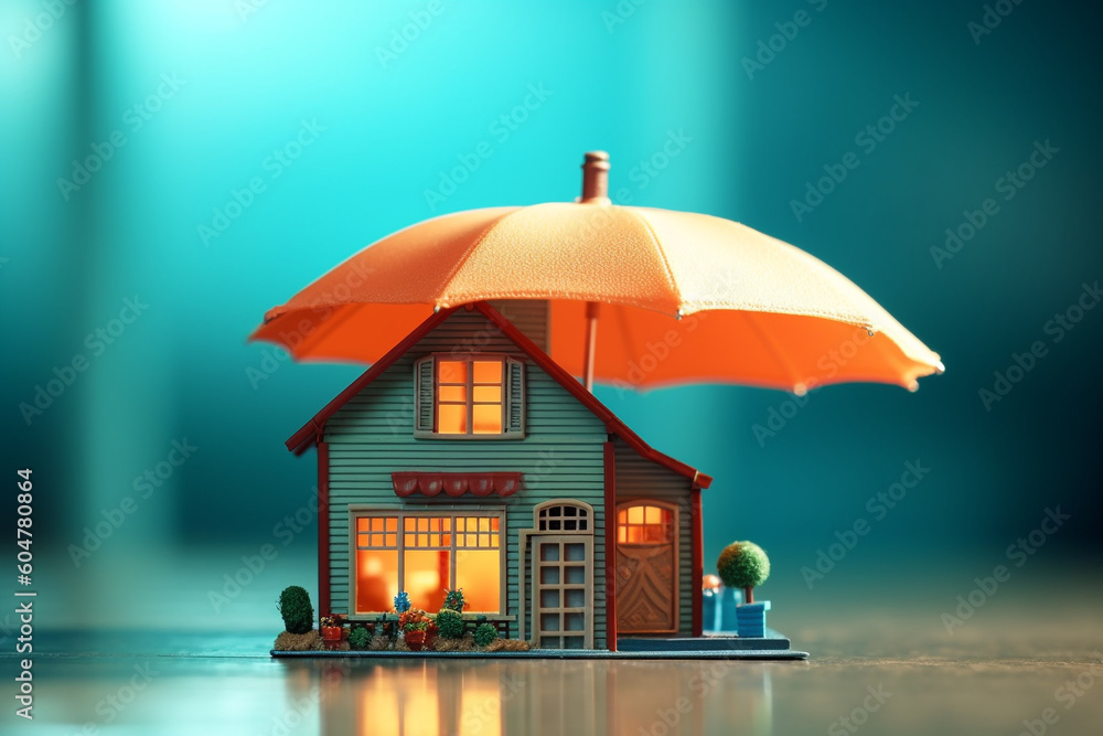 Model house under umbrella insurance concept Generative AI - obrazy, fototapety, plakaty 
