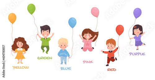 Kids holding helium balloons of different colors, education for children - flat vector illustration isolated on white.