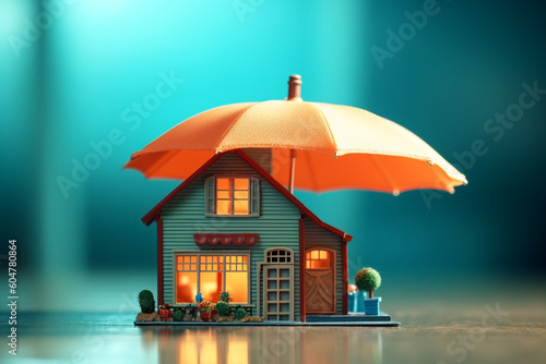 Model house under umbrella insurance concept Generative AI