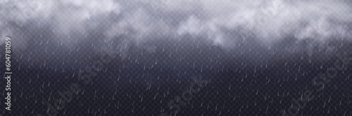 Storm rainy weather effect. Rain with falling water drops and white clouds isolated on transparent background. Cloudy texture with autumn shower, vector realistic illustration