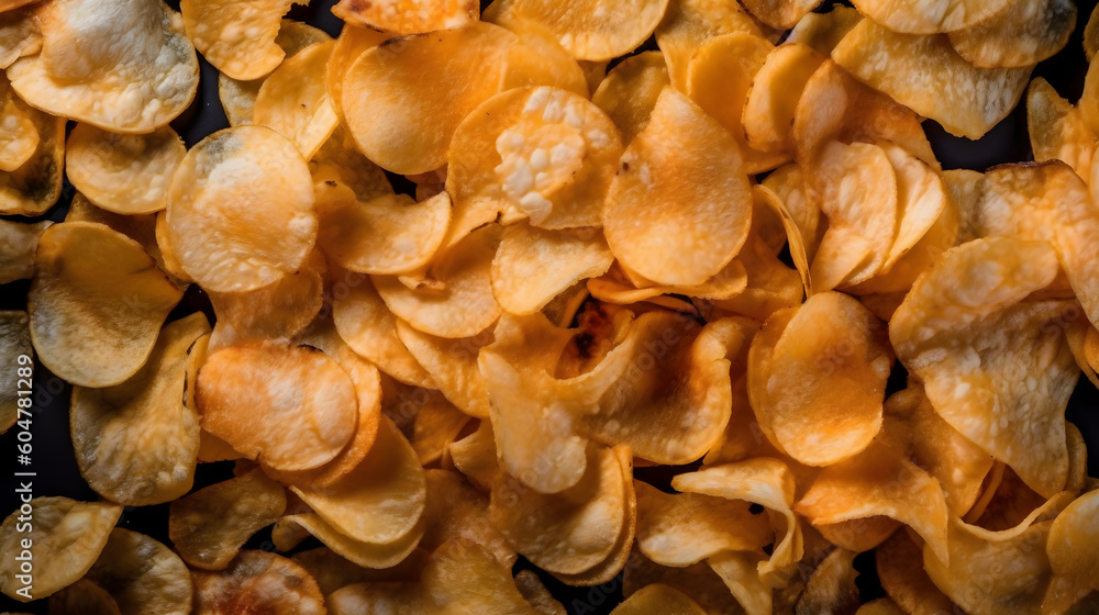 pile of potato chips ,crispy potato chips background generative ai
