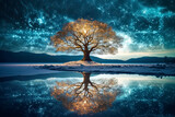 tree of life reminiscent of Yggdrasil reflected in an icy lake at night, dramatic starry sky in the background.AI Generative