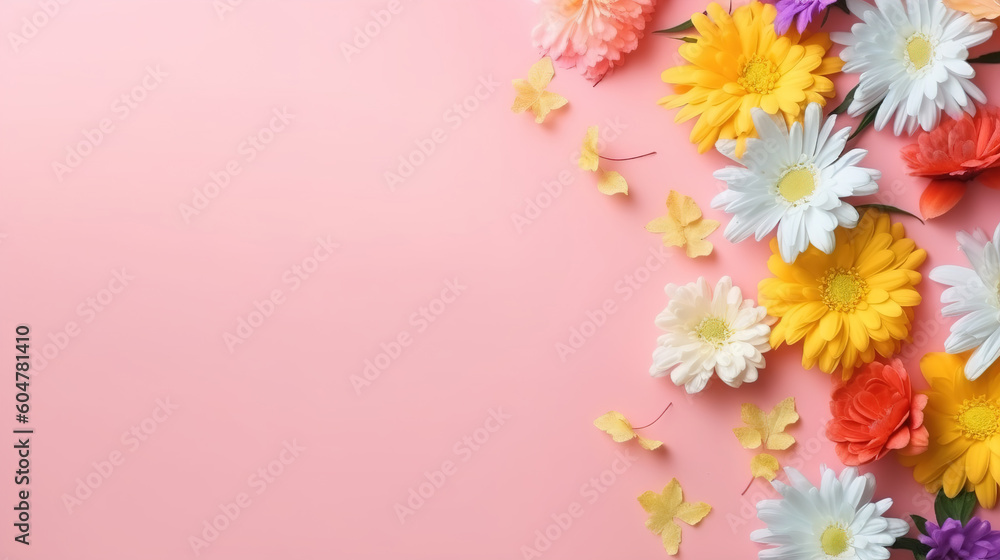 Romantic floral backdrop with copy space. Chamomile and daisy flowers on a pink background, flat lay. Generative AI
