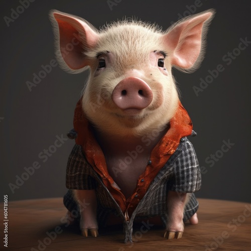 3D cartoon pig portrait wearing clothes, standing in front, generative ai