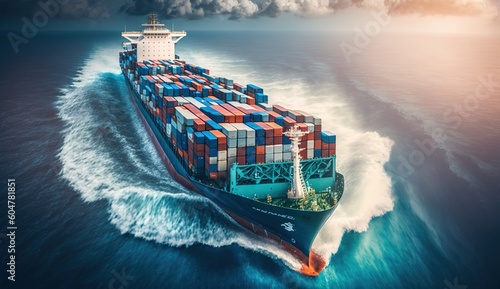 A Cargo Ship Navigating the Open Sea for International Trade and Logistic Operations. Generative AI