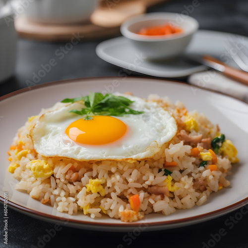 indonesian fried rice with half cooked fried egg generative ai