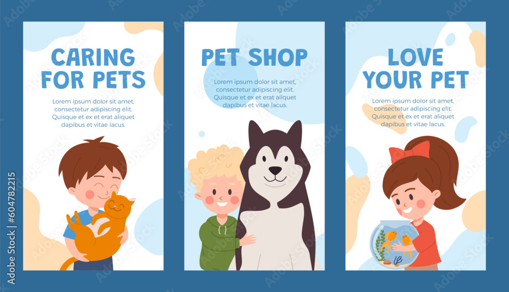 Set of flyers with kids hugging pets flat style, vector illustration Set of flyers with kids hugging pets flat style, vector illustration
