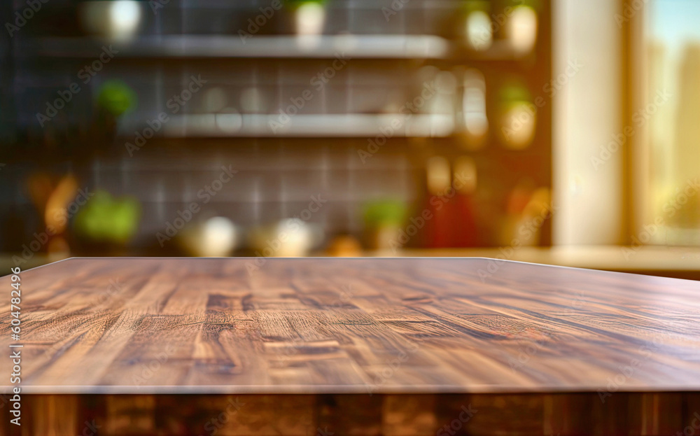 Empty wooden table for product placement or montage with blurred kitchen background.