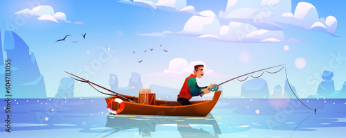 Cartoon man in boat fishing. Vector illustration of male character sitting in wooden vessel alone with rod and reel in hands, catching fish from lake water, rocks on horizon, blue sky with clouds