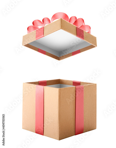 Brown open gift box with red bow