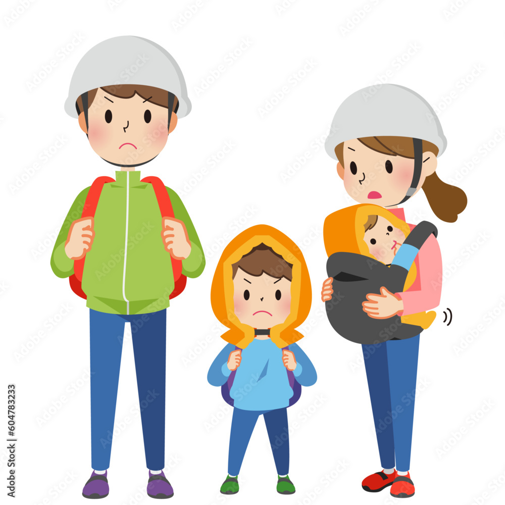 災害時の避難訓練をする家族