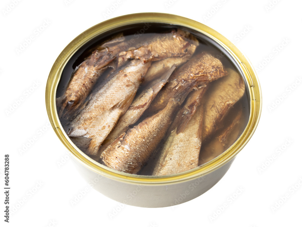 Canned food with sprats isolated on a white background Canned food with sprats isolated on a white background