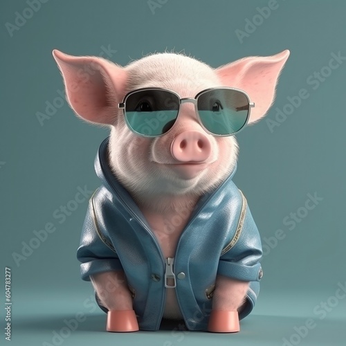 3D cartoon pig portrait wearing clothes, standing in front, generative ai © Divmon