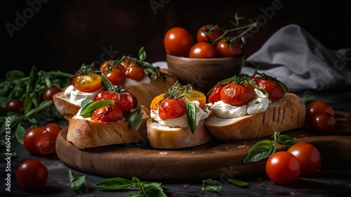  A traditional Italian snack, bruschetta sandwiches featuring cherry tomatoes, mozzarella cheese, and herbs, artfully arranged on a cutting board against a dark background.  Generative AI