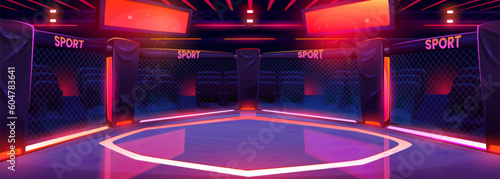 Mma ring for boxing background. Octagon fight arena stage vector design. Ultimate game sport cage stadium illustration with neon red light at night. Professional equipment with show illumination