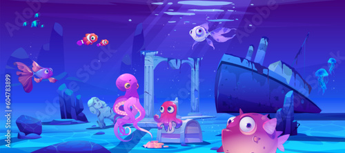 Cartoon underwater background with sea fish, sunken ship, ancient ruins and treasure. Vector illustration of deep seafloor with marine wildlife, damaged vessel, antique stone statue and pillars