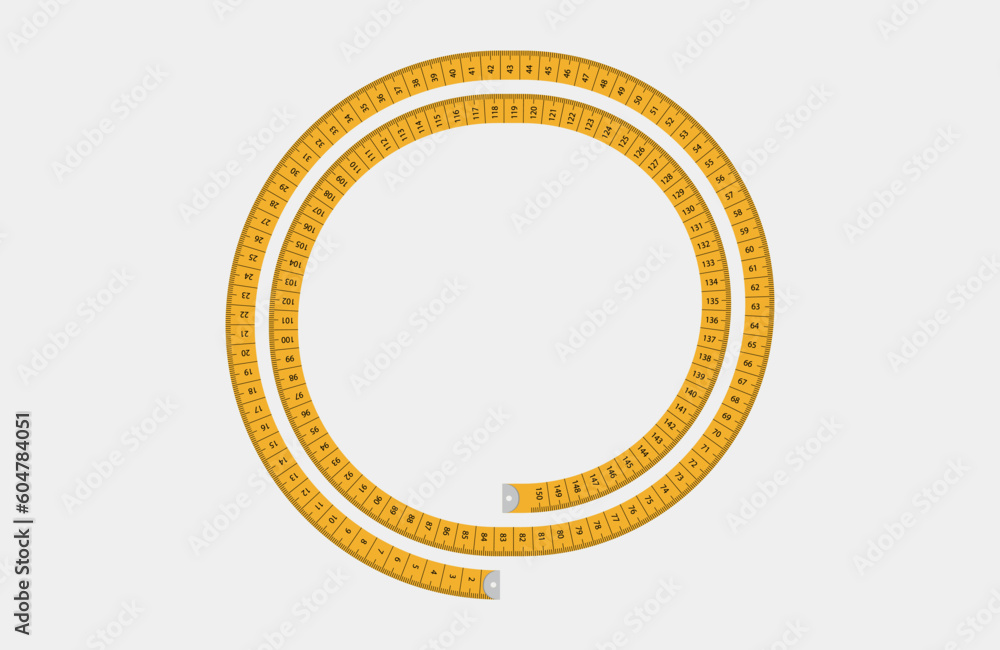 Horizontal illustration in the form of a circle of yellow measuring tape on white background Horizontal illustration in the form of a circle of yellow measuring tape on white background