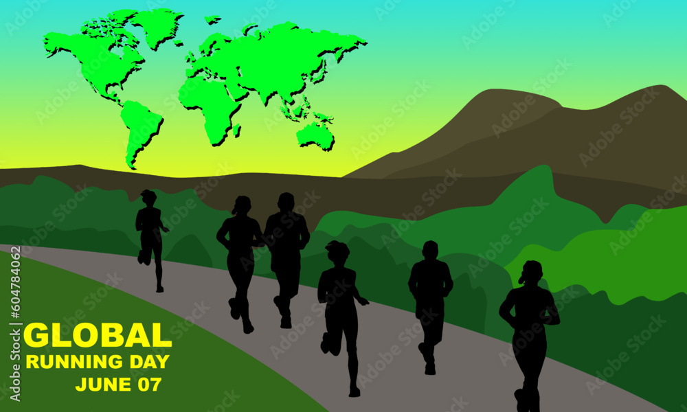 silhouette of a group of people running in green nature and mountains background and world map image commemorating Global Running Day on June 7
silhouette of a group of people running in green nature and mountains background and world map image commemorating Global Running Day on June 7