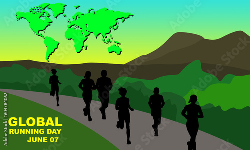 silhouette of a group of people running in green nature and mountains background and world map image commemorating Global Running Day on June 7 