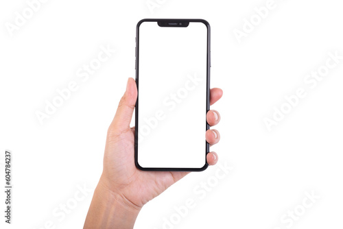 Close up women Hand holding smartphone on white background