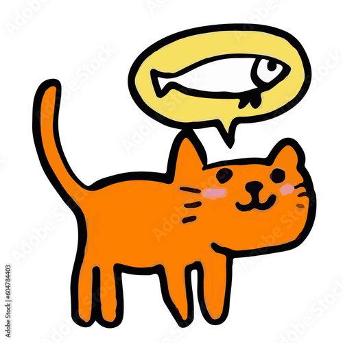 orange color cute cat line cartoon wants to eat fish minimalist style