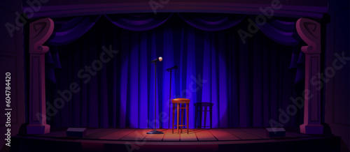 Comedy show stage with curtain vector background. Spotlight on concert scene for standup with microphone concept. Night open comedian talent speech entertainment illustration in theater with stool