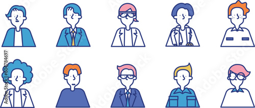 多種多様な職業の男性のシンプルなアイコンセットB