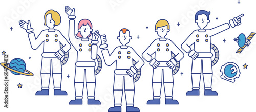 宇宙飛行士の職業に就く男性と女性のイラスト