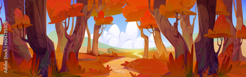 Autumn forest vector landscape. Path near orange tree in cartoon fall park scene. Sunny day in valley horizon. Falling season and footpath on road between maple woods, blue sky with cloud