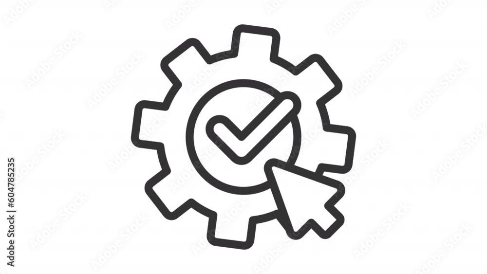 Apply settings icon animation. Animated line cursor click on spinning gear. Check mark. User