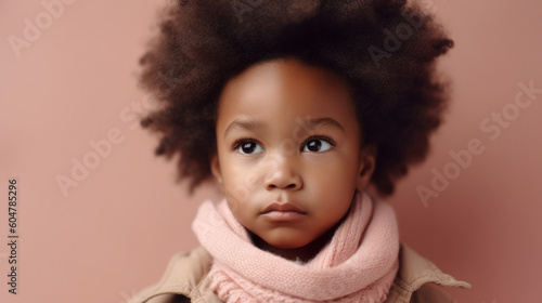 A studio portrait shows a little afro boy with a sad face. Generative AI