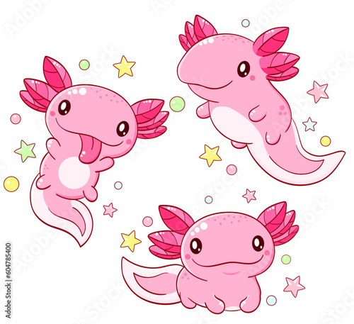 Set of cute fat axolotl  in kawaii style. Collection of lovely axolotl baby in different poses. Can be used for t-shirt print, sticker, greeting card design. Vector illustration EPS8