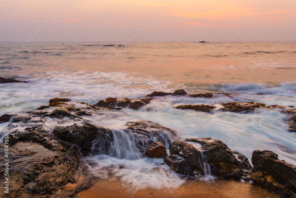 A long exposure image of waves on the stones near Galle town in Sri Lanka