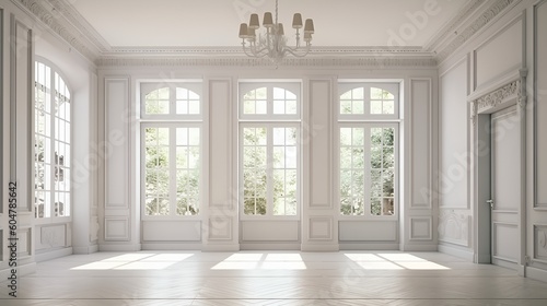 White elegant house interior with big windows