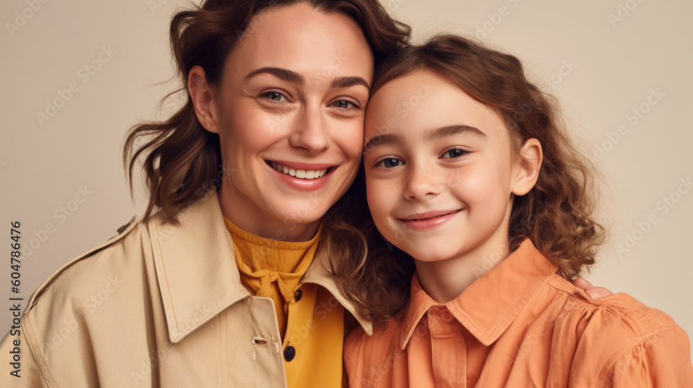 A mother and her daughter share a joyful moment together, their smiles lighting up the studio background. Generative AI A mother and her daughter share a joyful moment together, their smiles lighting up the studio background. Generative AI