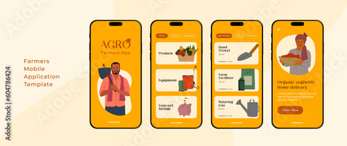 Farmer Mobile application template set. Innovation technology in agriculture. Agricultural equipment. 