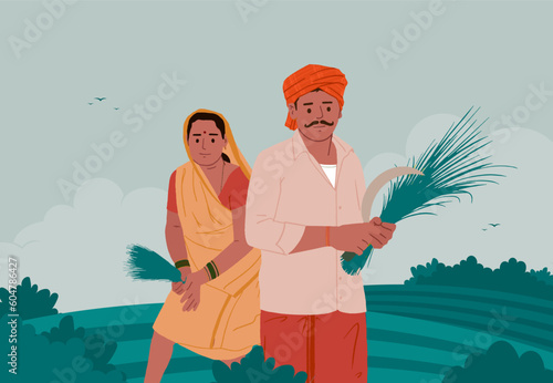 Indian farmer with nature, farm silhouette background illustration template design for social media banner, brochure, and website landing page.
