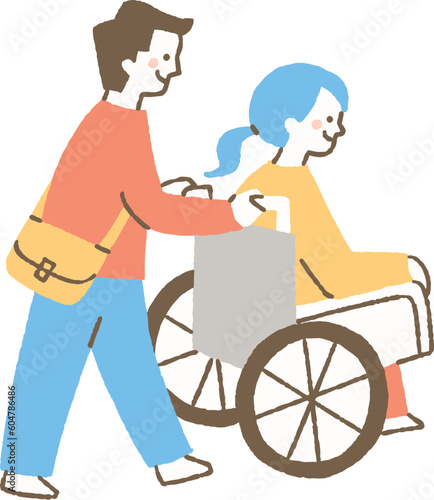 女性が乗る車椅子を押す男性_色