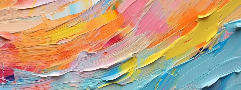 Closeup of abstract rough colorful multicolored art painting texture, with oil brushstroke, pallet knife paint on canvas (Generative Ai) - obrazy, fototapety, plakaty 
