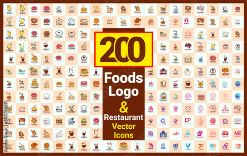 200 Plus Restaurant Foods Illustration Logo Collections, Premium Food Shop Products, And Badges Icon Collection For Food Market. Foods Cooking Elements With Hi-Quality Food And Drink
