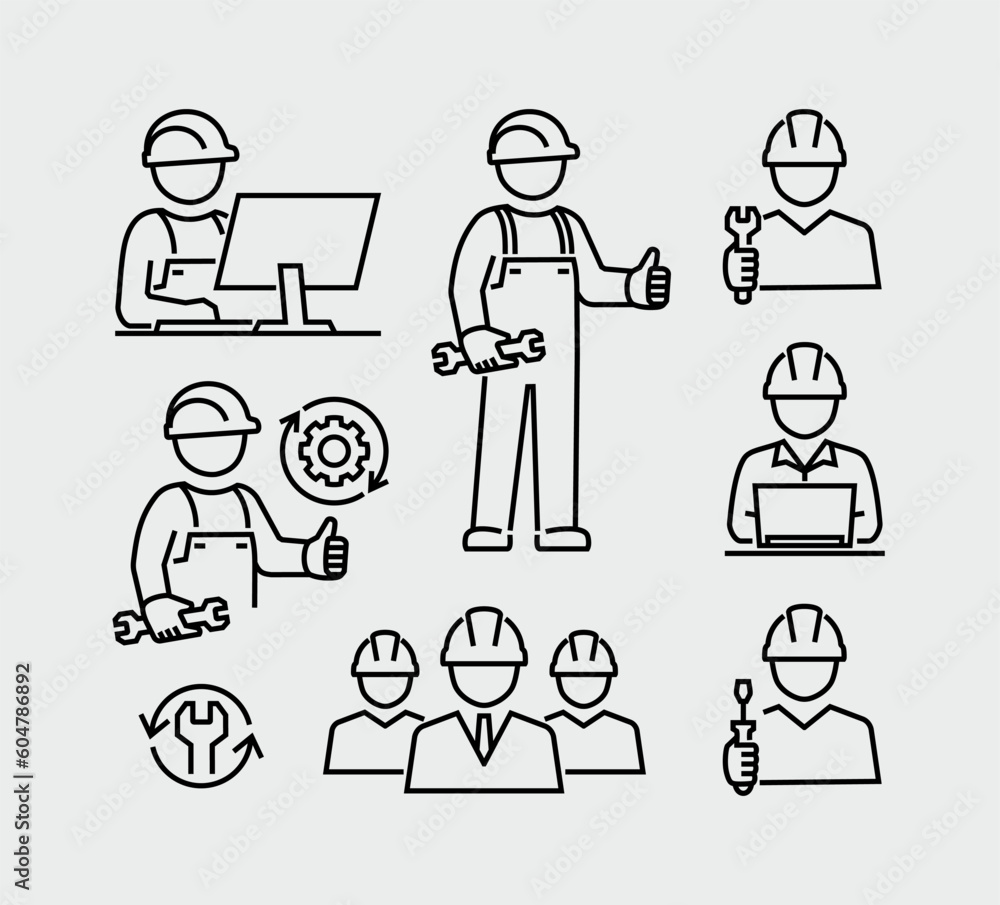 Engineering People. Engineer Showing Thumb Up Vector Line Icons Engineering People. Engineer Showing Thumb Up Vector Line Icons