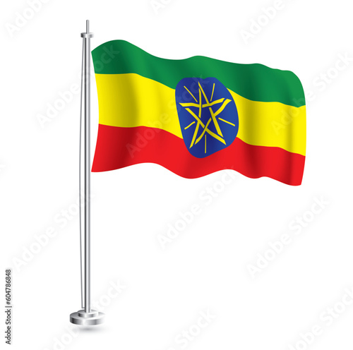 Ethiopian Flag. Isolated Realistic Wave Flag of Ethiopia Country on Flagpole.