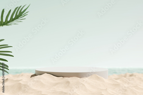 Product display stand and tropical monstera leaves with sea background. 3D rendering 