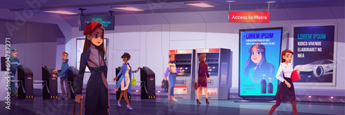 Subway turnstile entrance with ticket to train. Metro station security barrier entry cartoon vector illustration. Gate passage to public railway hall interior. Urban transportation pay check machine