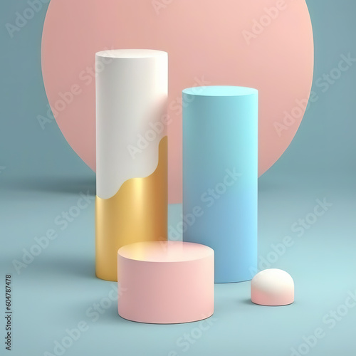 Set of beige, blue, pink and white realistic 3d cylinder pedestal podium in pastel colorful abstract rooms and gold element. Generative AI