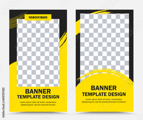 Design of vector banner templates with black and yellow border and brush strokes